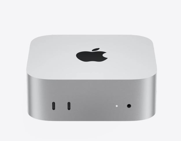 银色 Mac mini，顶部为 Apple 标志，正面有连接接口